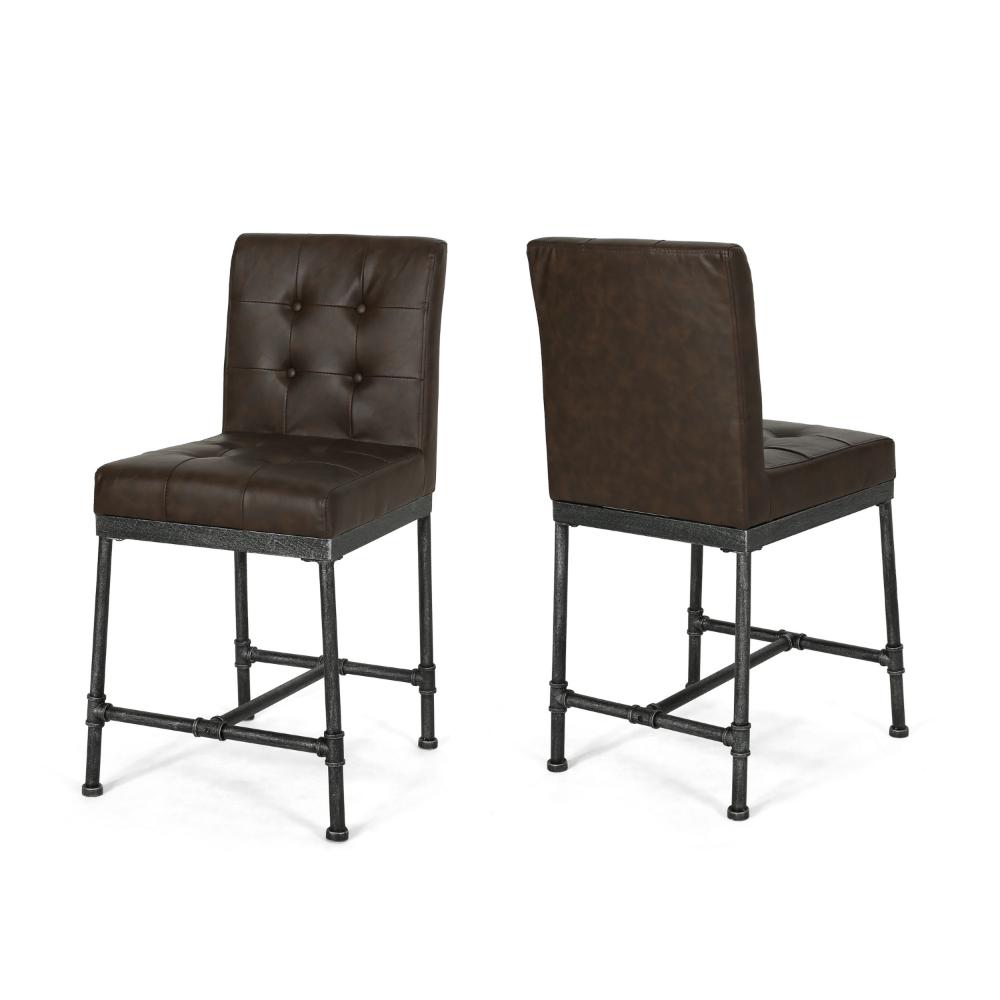 Bruke Counter Height Chair Set of 2, Brown Tufted Faux Leather, Metal