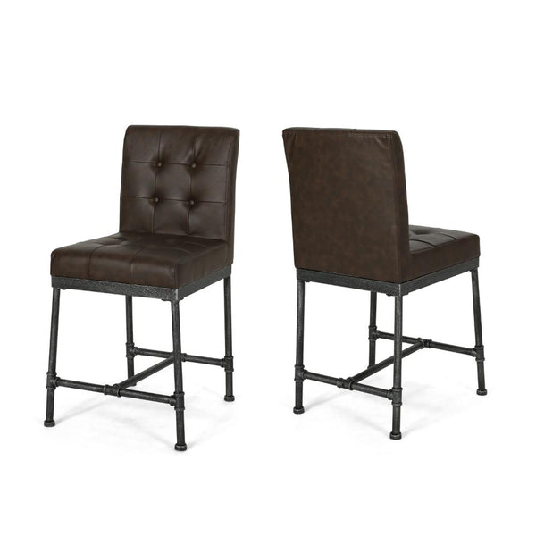 Bruke Counter Height Chair Set of 2, Brown Tufted Faux Leather, Metal