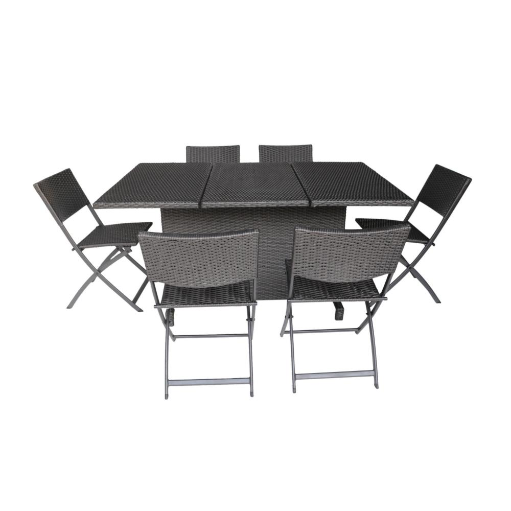 Salida 7pc Outdoor Dining Table Set, 6 Folding Chairs, Gray Rattan -BM323621