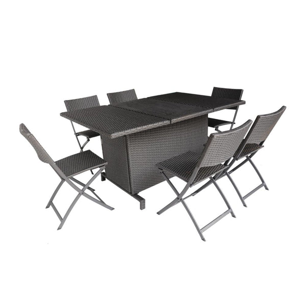 Salida 7pc Outdoor Dining Table Set, 6 Folding Chairs, Gray Rattan