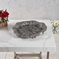 Haily Decorative Tray Platter, Flower Shaped Vein Details, Nickel Tone -BM323627