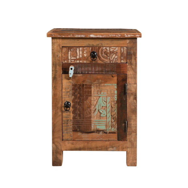 Cherry End Table, Distressed Painted Drawer and Cabinet, Brown Wood -BM323629