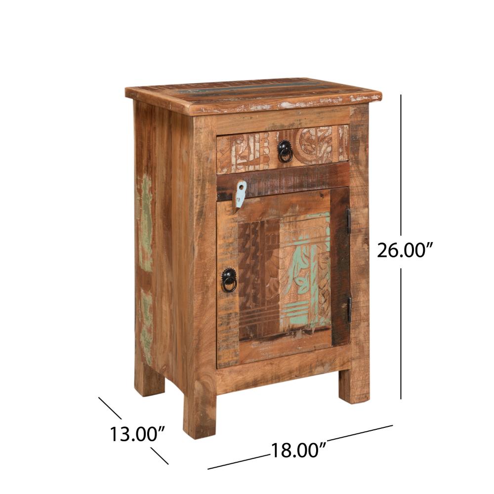 Cherry End Table, Distressed Painted Drawer and Cabinet, Brown Wood -BM323629