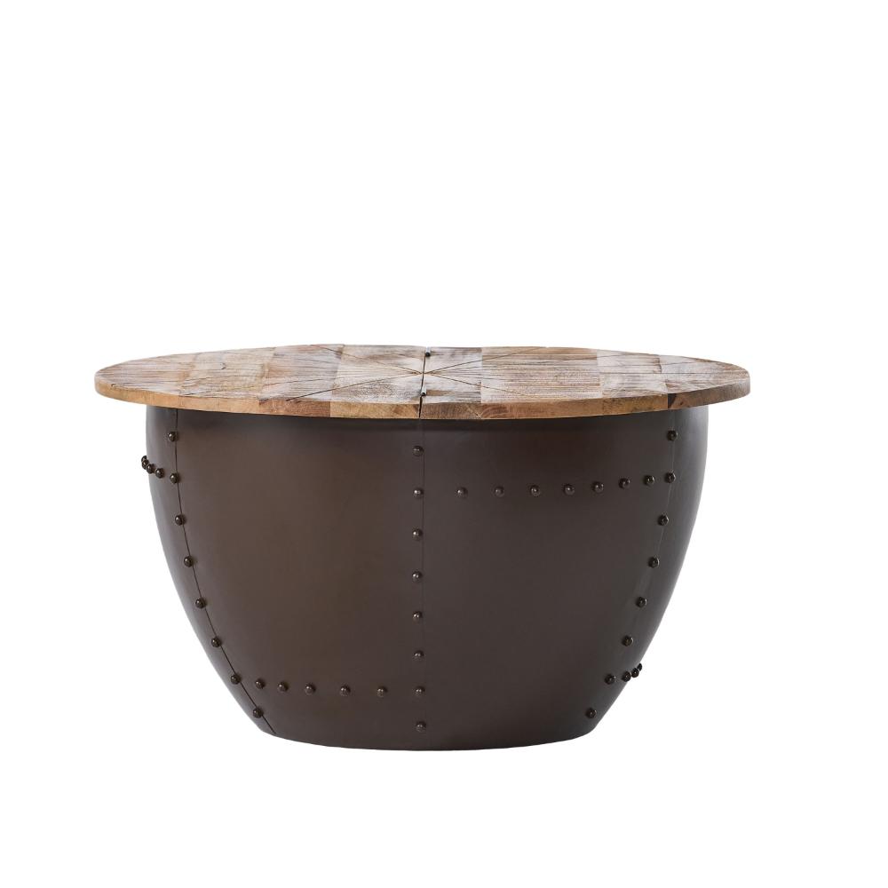 Rickie Side End Table, Brown Round Wood Top, Black Iron Base, 21 Inch -BM323630