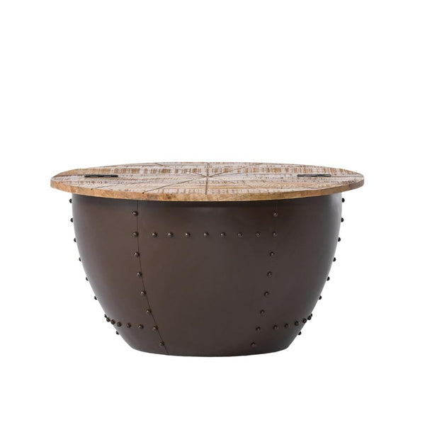 Rickie Side End Table, Brown Round Wood Top, Black Iron Base, 21 Inch -BM323630