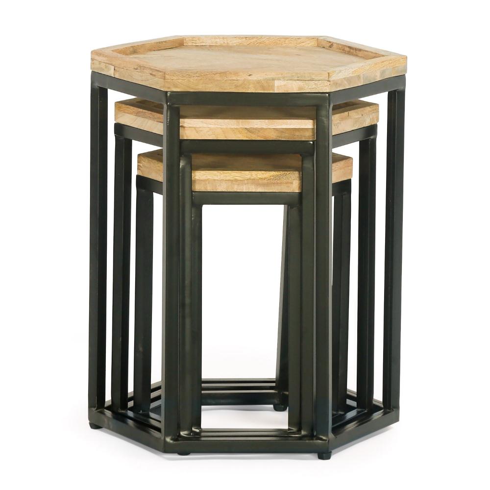 Megan End Table Set of 3, Hexagon Shape, Brown Wood, Black Iron Base -BM323631