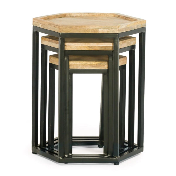 Megan End Table Set of 3, Hexagon Shape, Brown Wood, Black Iron Base -BM323631