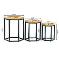 Megan End Table Set of 3, Hexagon Shape, Brown Wood, Black Iron Base -BM323631