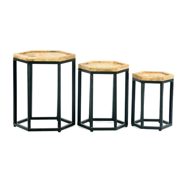 Megan End Table Set of 3, Hexagon Shape, Brown Wood, Black Iron Base