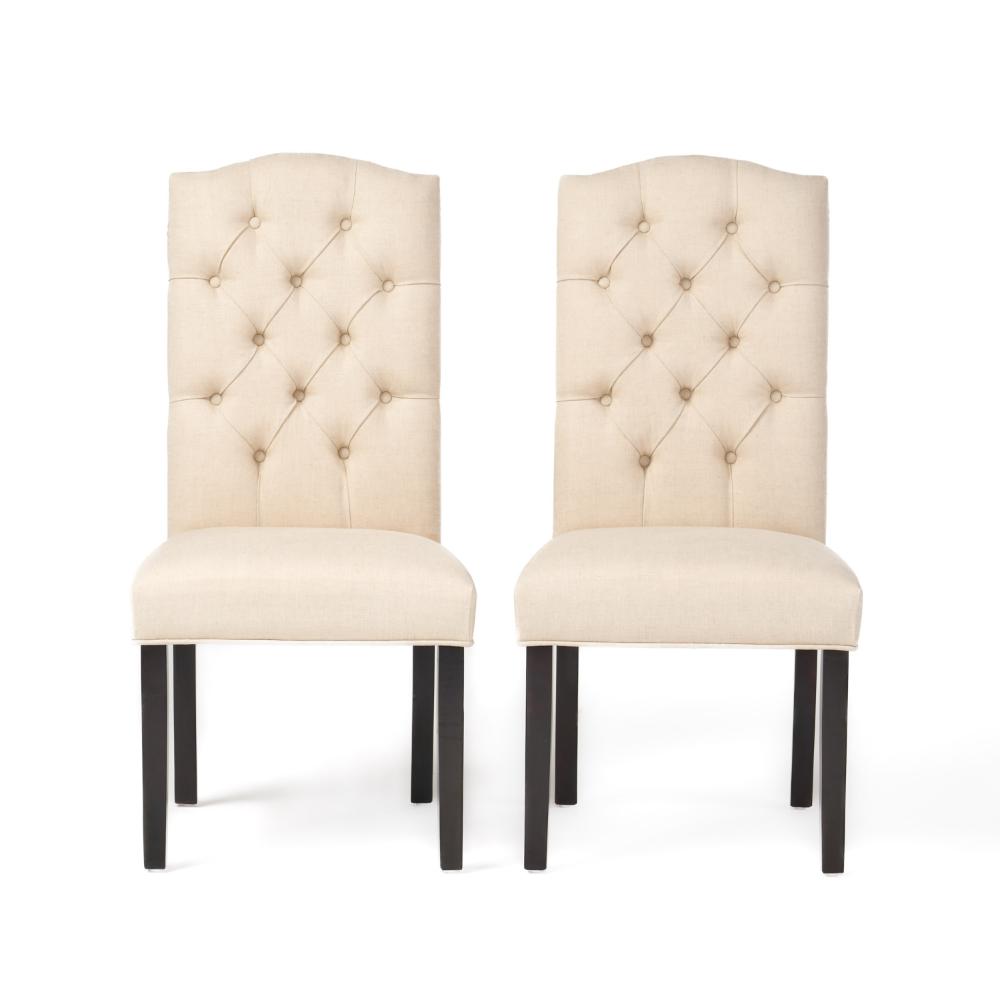 Kevy Dining Chair Set of 2, Solid Wood, Natural Beige Tufted Linen