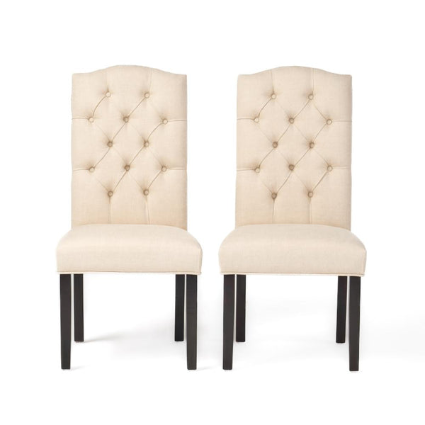 Kevy Dining Chair Set of 2, Solid Wood, Natural Beige Tufted Linen