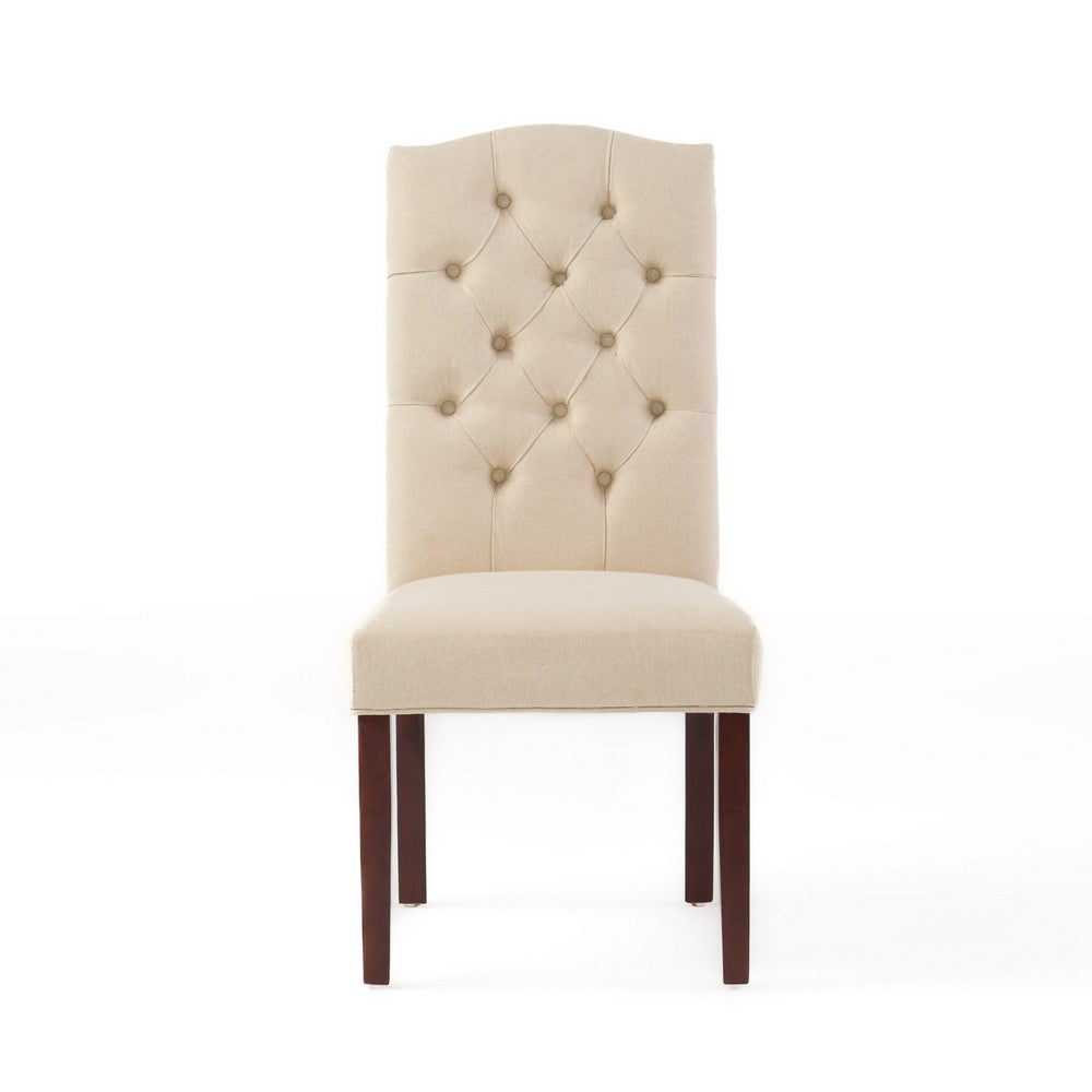 Kevy Dining Chair Set of 2, Brown Solid Wood, Ivory Tufted Linen -BM323636