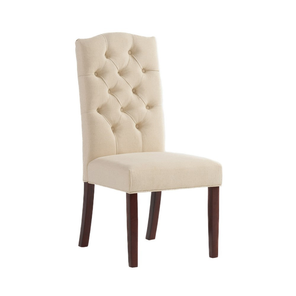 Kevy Dining Chair Set of 2, Brown Solid Wood, Ivory Tufted Linen -BM323636
