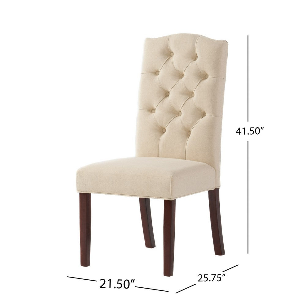 Kevy Dining Chair Set of 2, Brown Solid Wood, Ivory Tufted Linen -BM323636