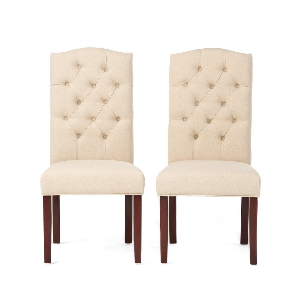 Kevy Dining Chair Set of 2, Brown Solid Wood, Ivory Tufted Linen -BM323636