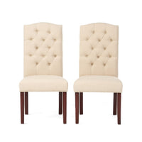 Kevy Dining Chair Set of 2, Brown Solid Wood, Ivory Tufted Linen -BM323636