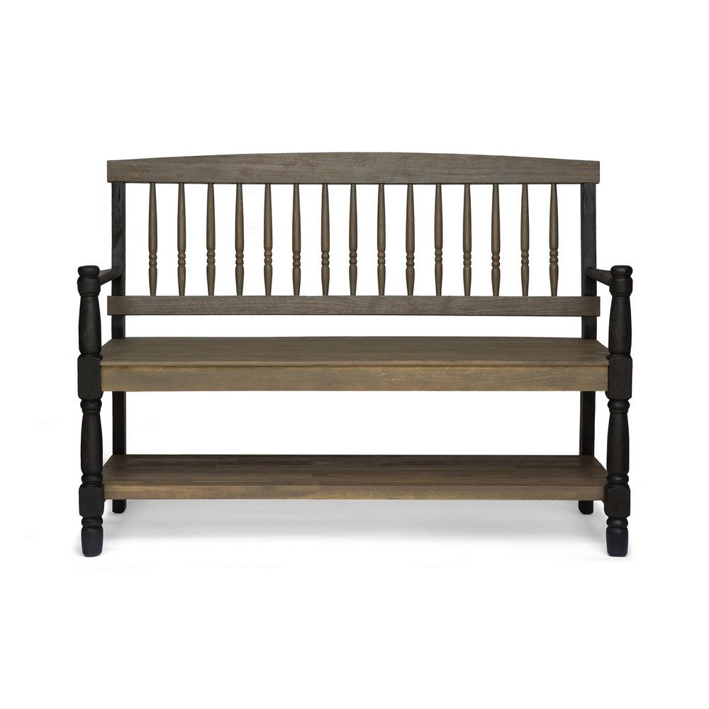 Ikra Outdoor Bench with Shelf, 51 Inch Carved Gray Acacia Wood, Black -BM323637