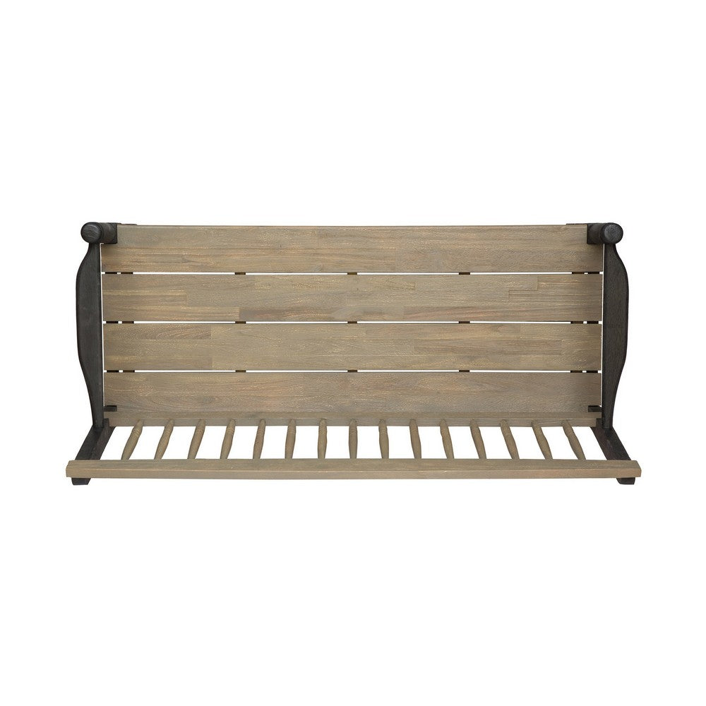 Ikra Outdoor Bench with Shelf, 51 Inch Carved Gray Acacia Wood, Black -BM323637