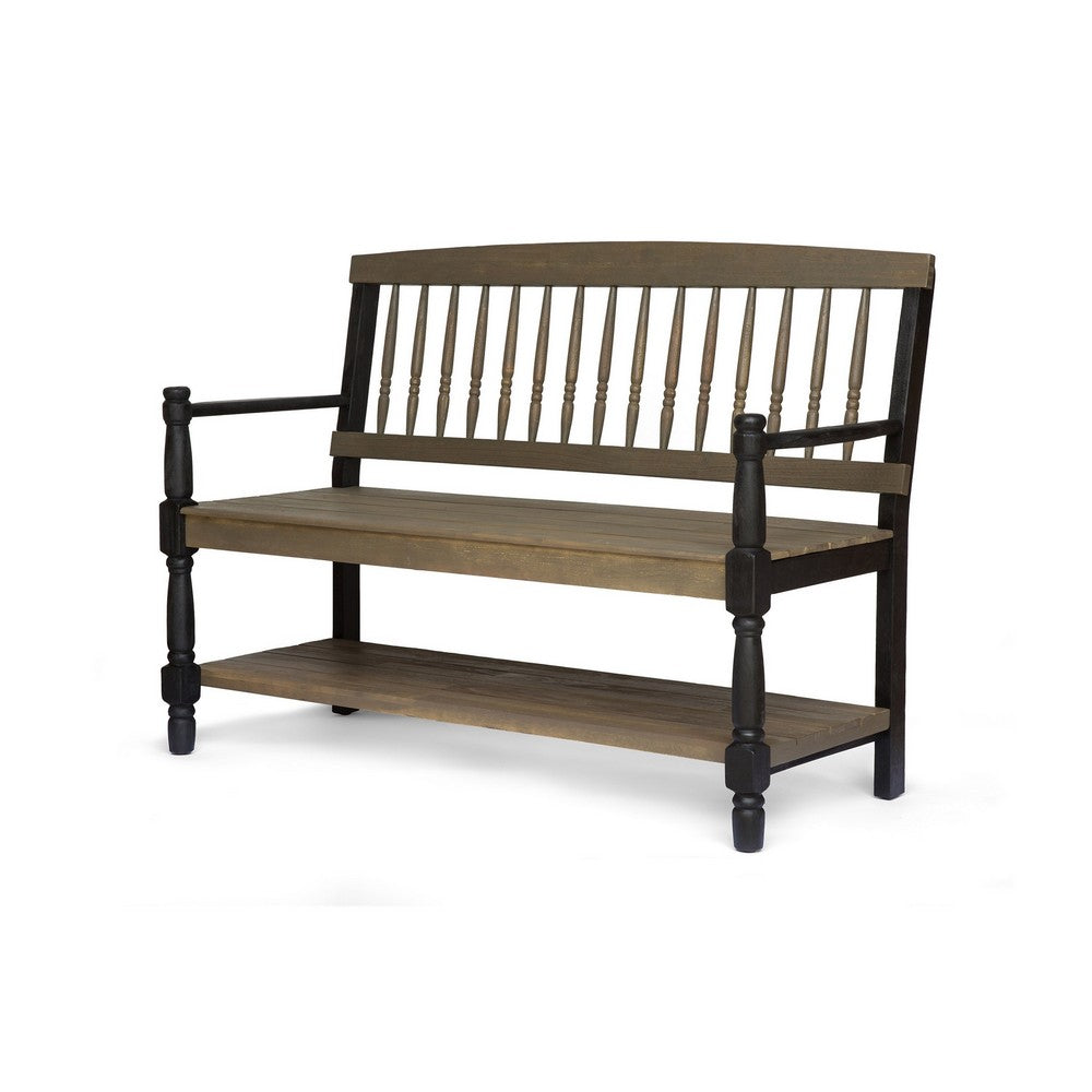Ikra Outdoor Bench with Shelf, 51 Inch Carved Gray Acacia Wood, Black -BM323637