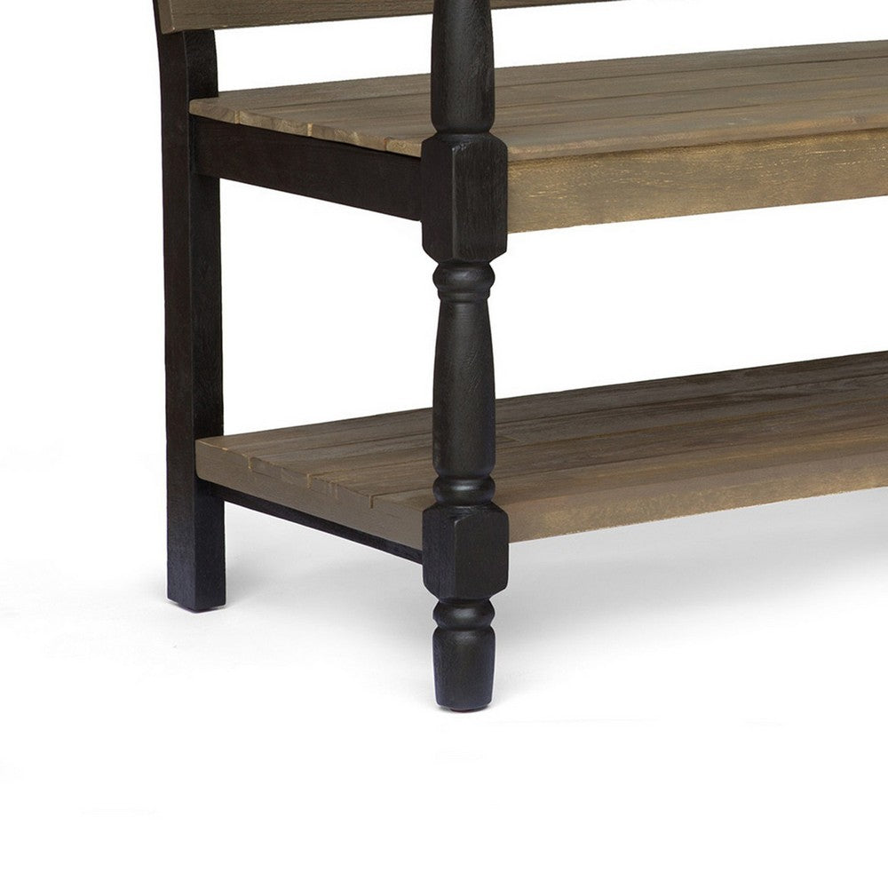 Ikra Outdoor Bench with Shelf, 51 Inch Carved Gray Acacia Wood, Black -BM323637