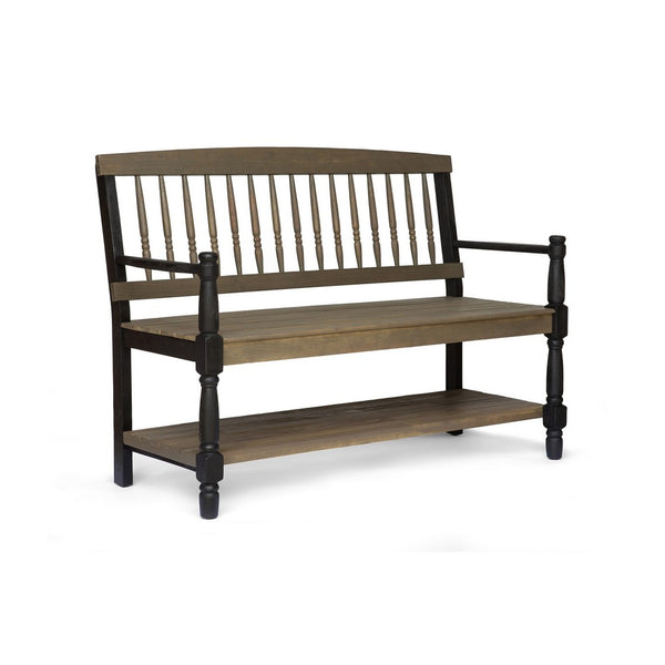 Ikra Outdoor Bench with Shelf, 51 Inch Carved Gray Acacia Wood, Black -BM323637