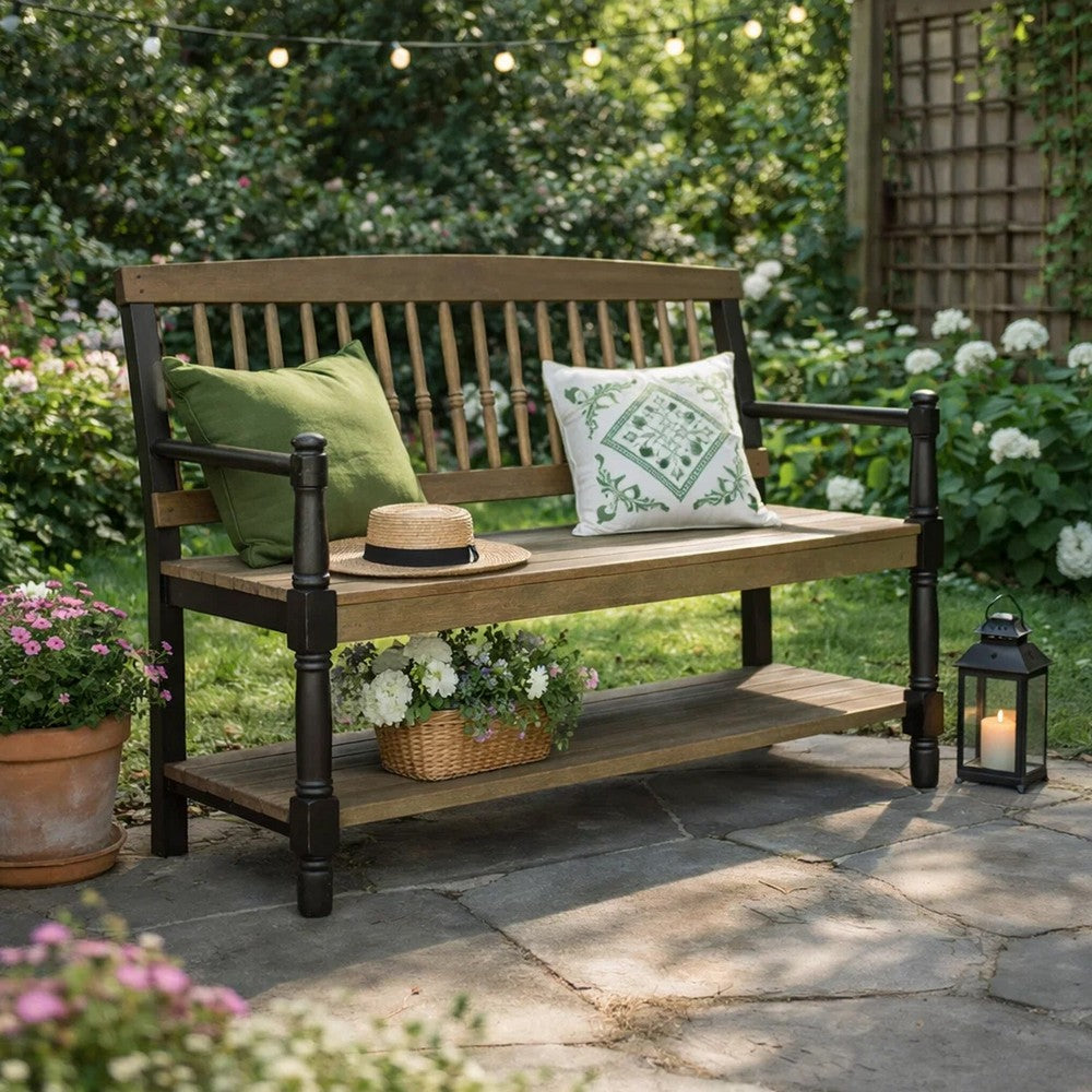 Ikra Outdoor Bench with Shelf, 51 Inch Carved Gray Acacia Wood, Black -BM323637
