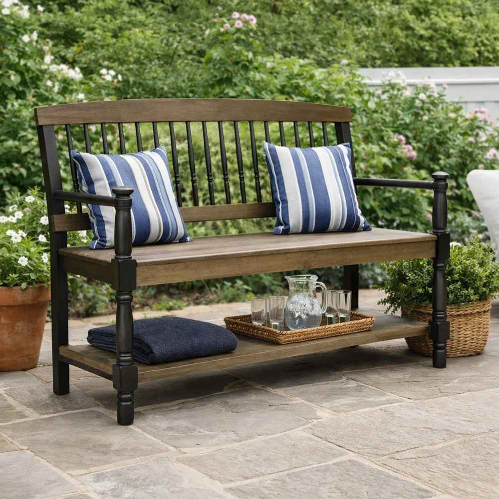 Ikra Outdoor Bench with Shelf, 51 Inch Carved Gray Acacia Wood, Black -BM323637
