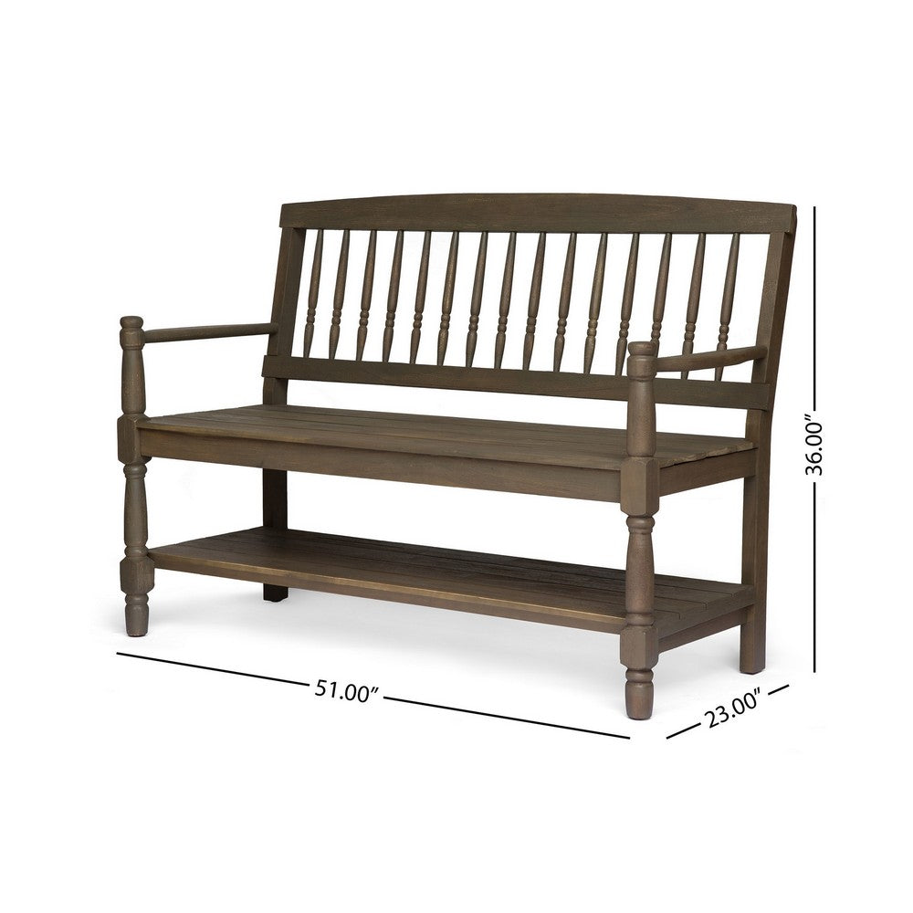 Ikra Outdoor Bench, Built-In Shelf, 51 Inch, Carved Gray Acacia Wood -BM323638
