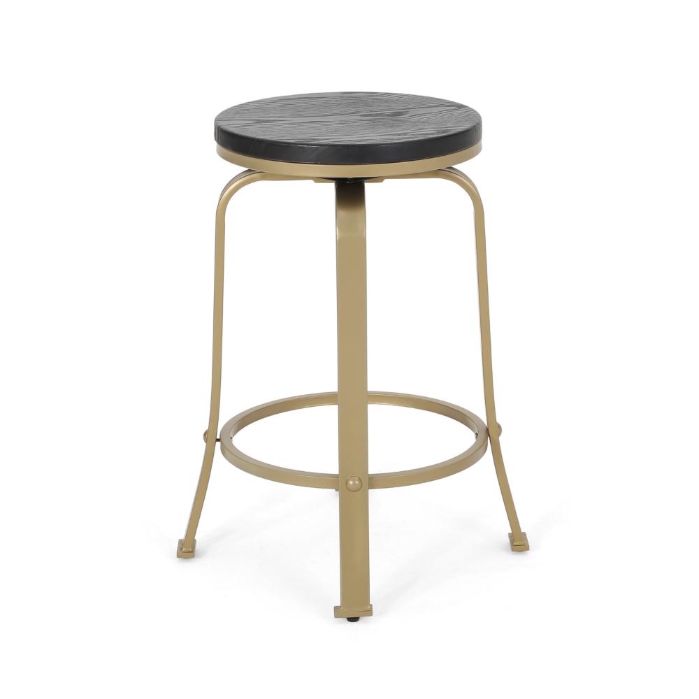 Andie Swivel Counter Stool, Black Faux Wood, Compact Gold Iron Frame -BM323639