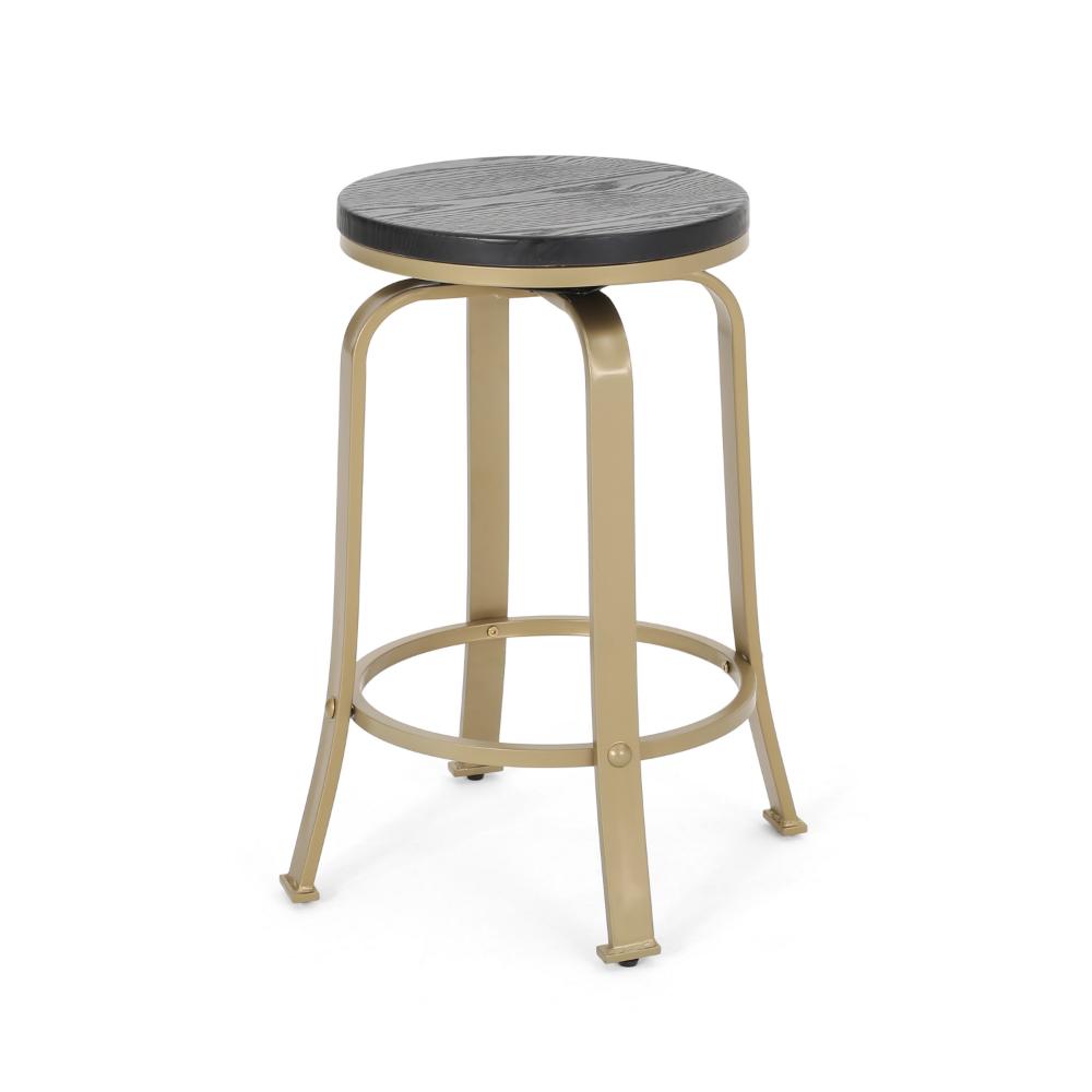Andie Swivel Counter Stool, Black Faux Wood, Compact Gold Iron Frame -BM323639