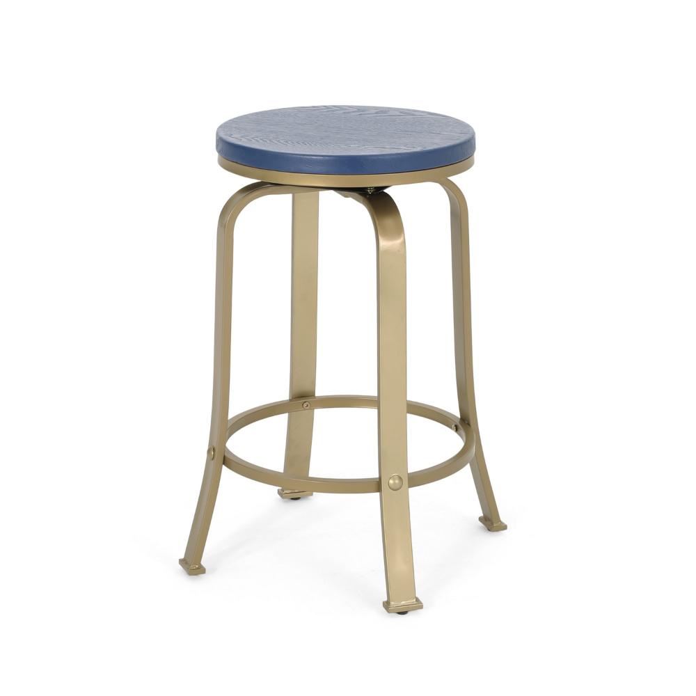 Andie Swivel Counter Stool, Blue Faux Wood, Compact Gold Iron Frame -BM323640