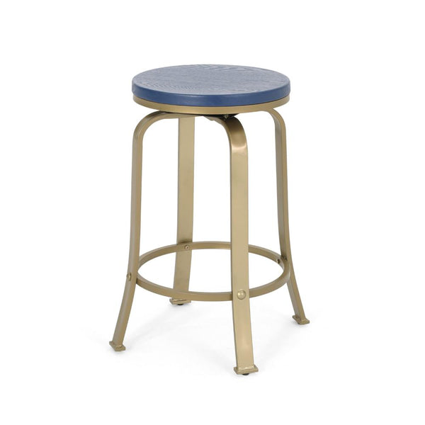 Andie Swivel Counter Stool, Blue Faux Wood, Compact Gold Iron Frame -BM323640