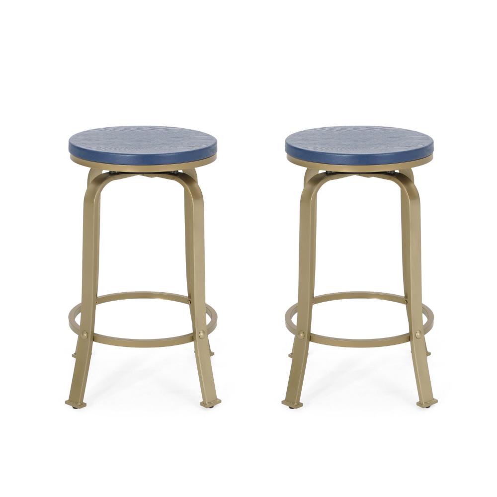 Andie Swivel Counter Stool, Blue Faux Wood, Compact Gold Iron Frame