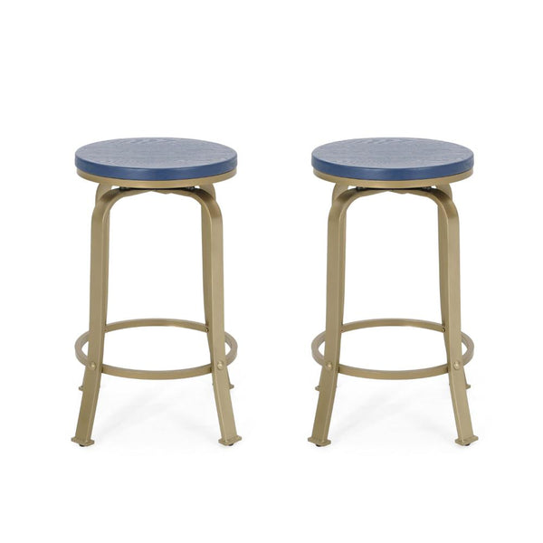Andie Swivel Counter Stool, Blue Faux Wood, Compact Gold Iron Frame
