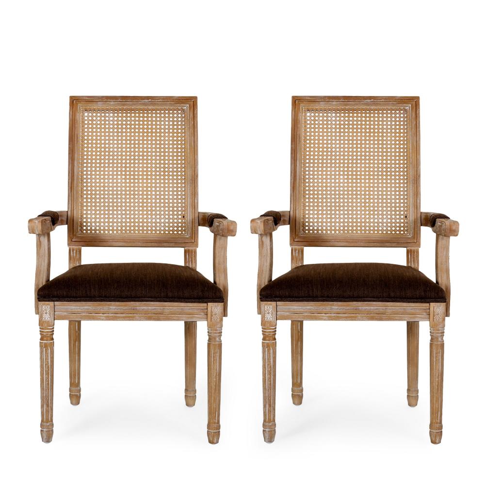 Amme Dining Chair Set of 2, Cane Backrest, Rubberwood, Brown Polyester