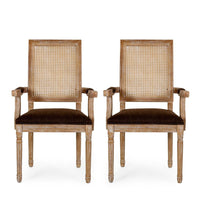 Amme Dining Chair Set of 2, Cane Backrest, Rubberwood, Brown Polyester