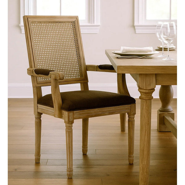 Amme Dining Chair Set of 2, Cane Backrest, Rubberwood, Brown Polyester -BM323643