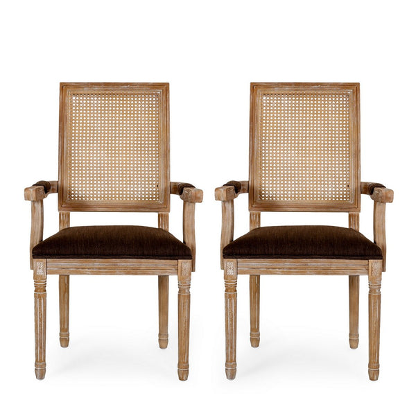 Amme Dining Chair Set of 2, Cane Backrest, Rubberwood, Brown Polyester -BM323643