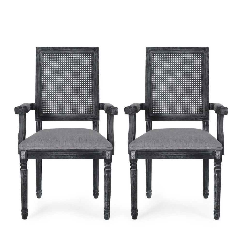 Amme Dining Chair Set of 2, Cane Backrest, Rubberwood, Gray Polyester -BM323644