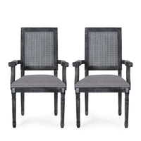 Amme Dining Chair Set of 2, Cane Backrest, Rubberwood, Gray Polyester -BM323644