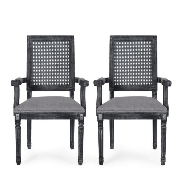 Amme Dining Chair Set of 2, Cane Backrest, Rubberwood, Gray Polyester -BM323644