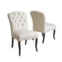 Aden Armless Dining Chair Set of 2, Espresso Wood, White Tufted Linen