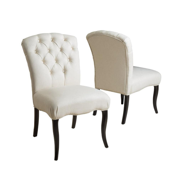 Aden Armless Dining Chair Set of 2, Espresso Wood, White Tufted Linen