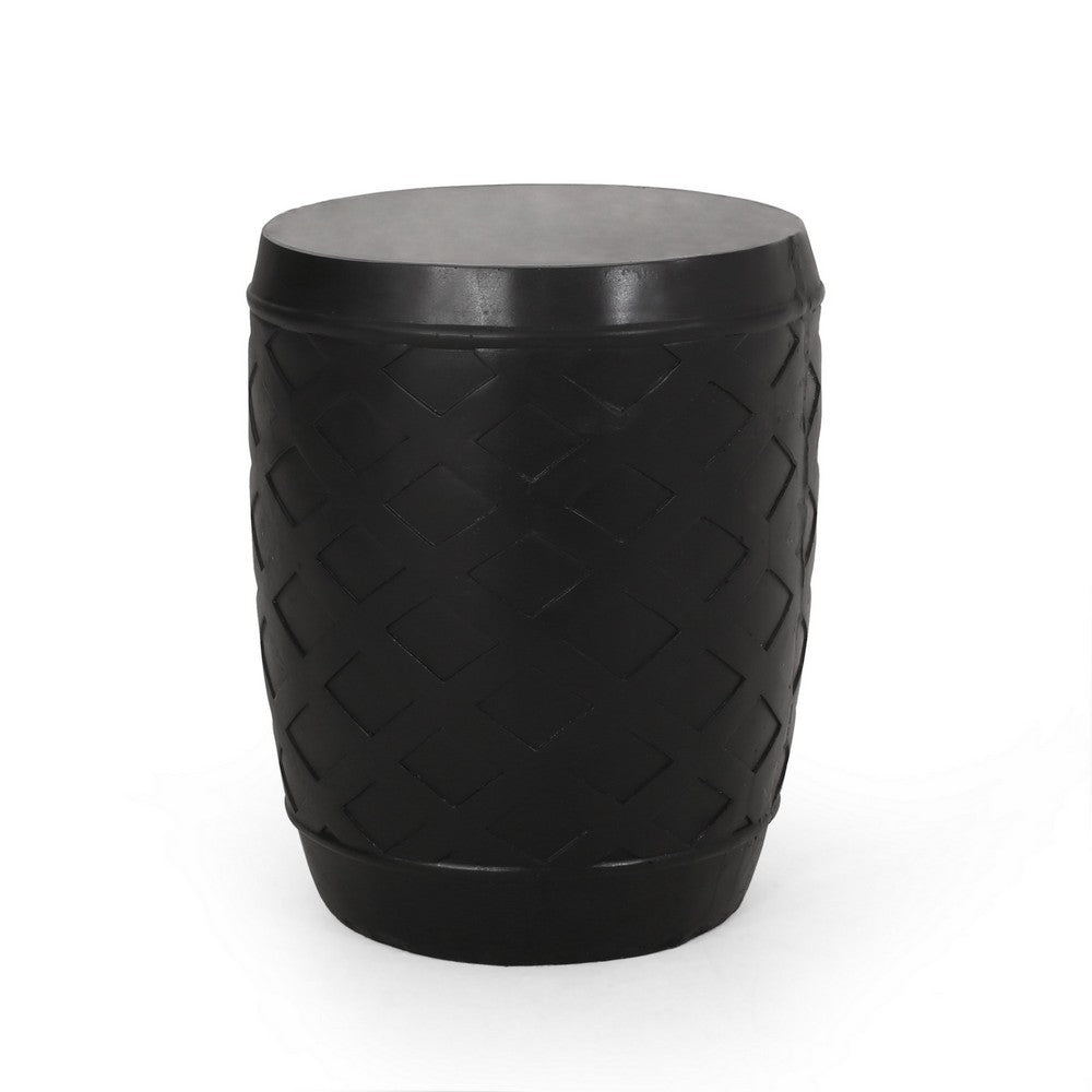 Outdoor Side End Table, 16 Inch Lattice Pattern, Black Concrete Finish -BM323653