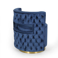 Viki Swivel Armchair, Round Open Back, Gold Metal, Blue Tufted Velvet -BM323654