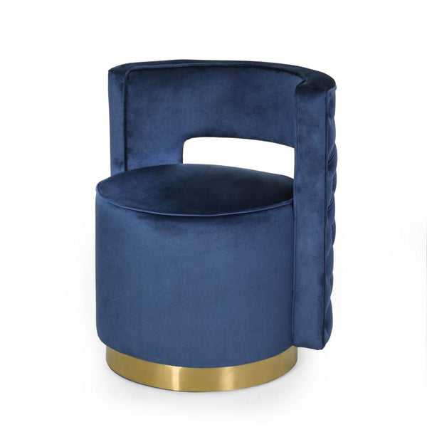Viki Swivel Armchair, Round Open Back, Gold Metal, Blue Tufted Velvet