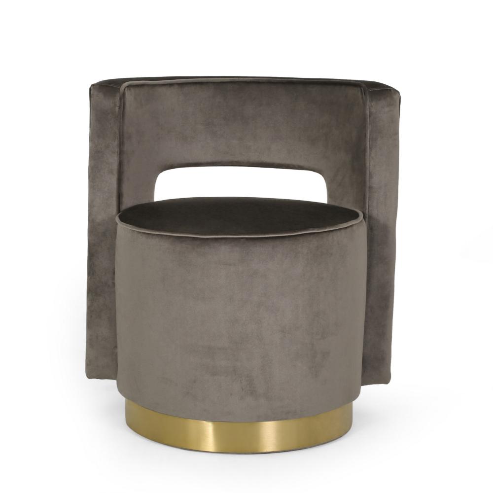 Viki Swivel Armchair, Round Open Back, Gold Metal, Gray Tufted Velvet -BM323655