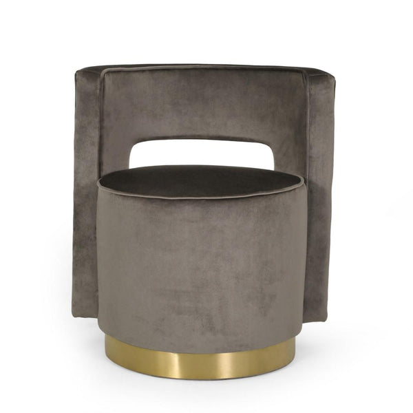 Viki Swivel Armchair, Round Open Back, Gold Metal, Gray Tufted Velvet -BM323655