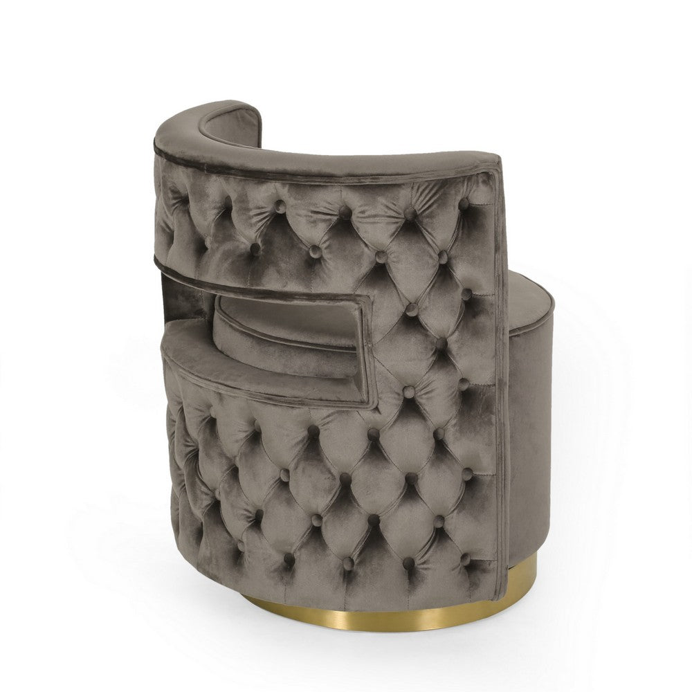 Viki Swivel Armchair, Round Open Back, Gold Metal, Gray Tufted Velvet -BM323655