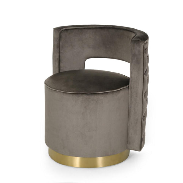 Viki Swivel Armchair, Round Open Back, Gold Metal, Gray Tufted Velvet